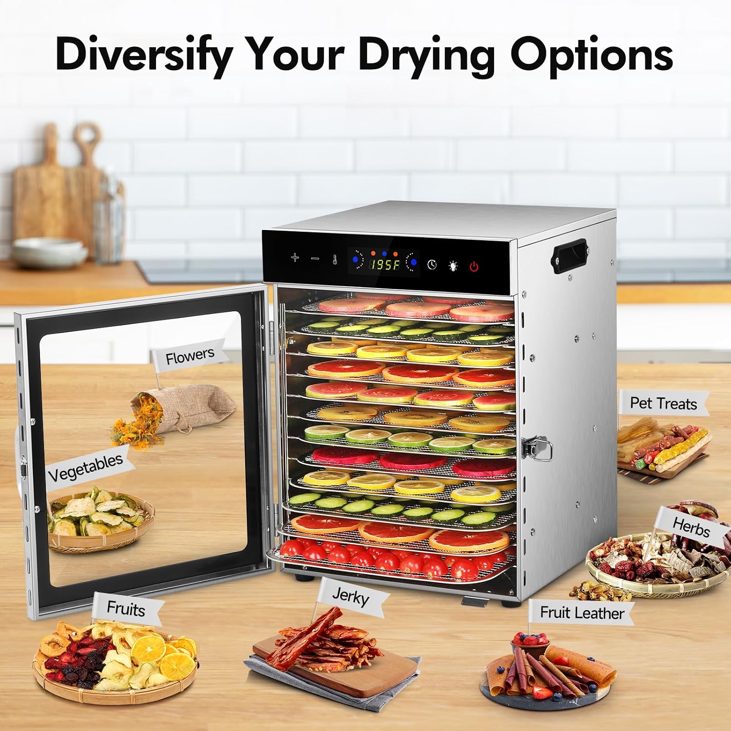 Food Dehydrator Machine 12 Stainless Steel Trays 1000W Meat Dehydrator for Home Use, 24H Timer & 195℉ Temperature