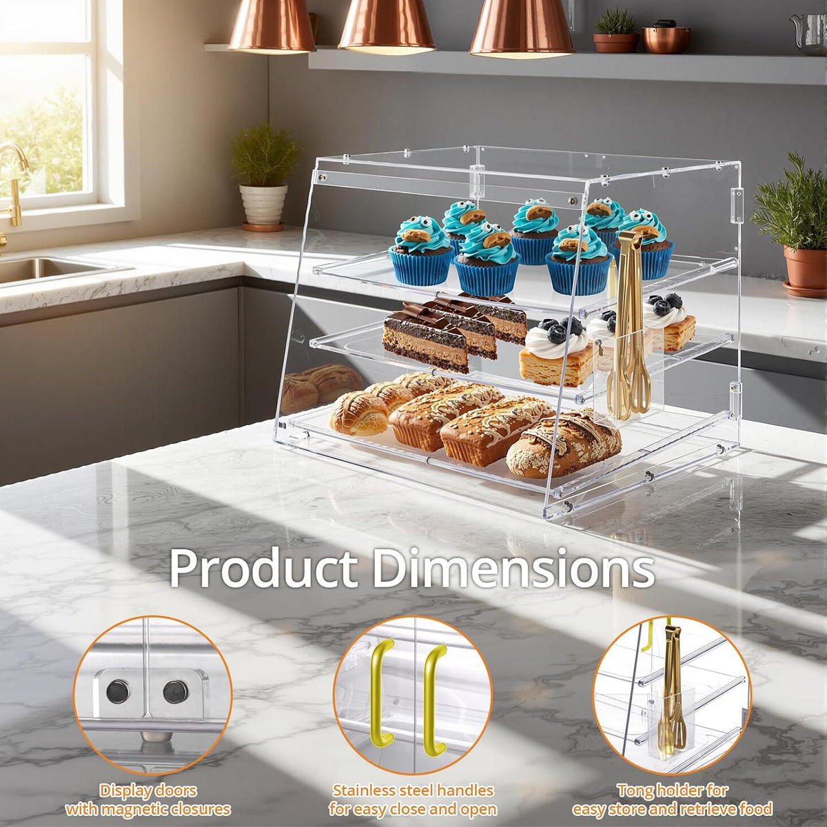 Pastry Display Case 3 Tray, Acrylic Bakery Display Countertop - Detachable Tray, Transparent Clear Sturdy Versatile