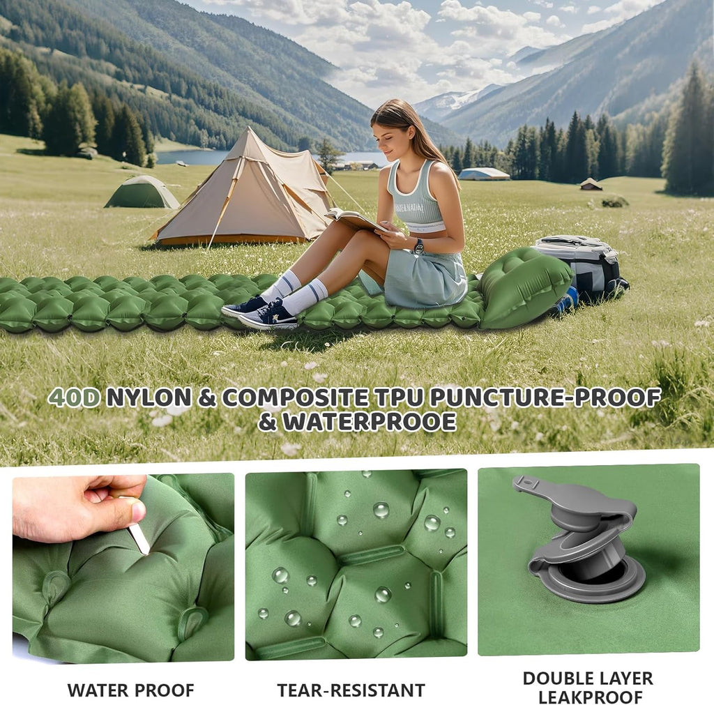 Sleeping Pad,Inflatable Camping Mattress with Pillow & Foot Pump | 40D Nylon Puncture-Proof, Quick Inflate/Deflate