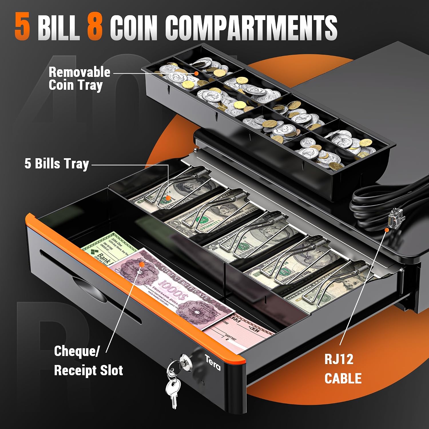 Cash Register Drawer 16 inch: 5 Bill 8 Coin Media Slot for POS, 405R | RJ-12, Metal Case Auto & Manual Open