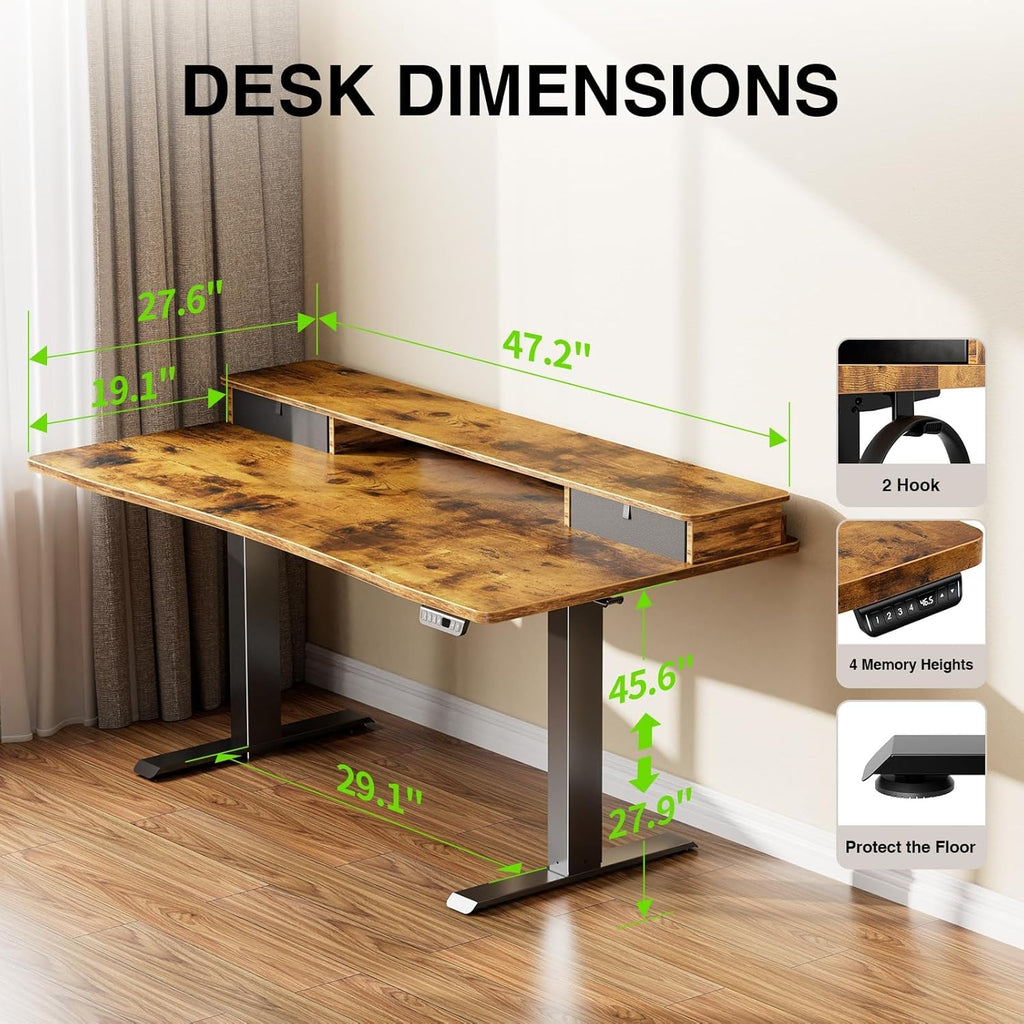 47.2"×27.6" Standing Desk with Storage Drawers, Adjustable Height Computer Table with Monitor Shelf, Home Office Desk