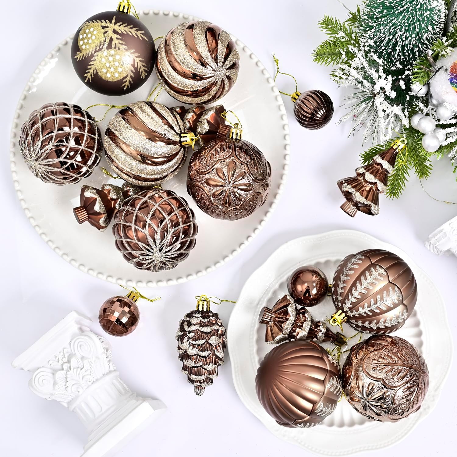 Christmas Ball Ornaments Set, 44ct 80mm Bronze Copper Gold Assorted Xmas Tree Ball Ornaments, Shatterproof Brown