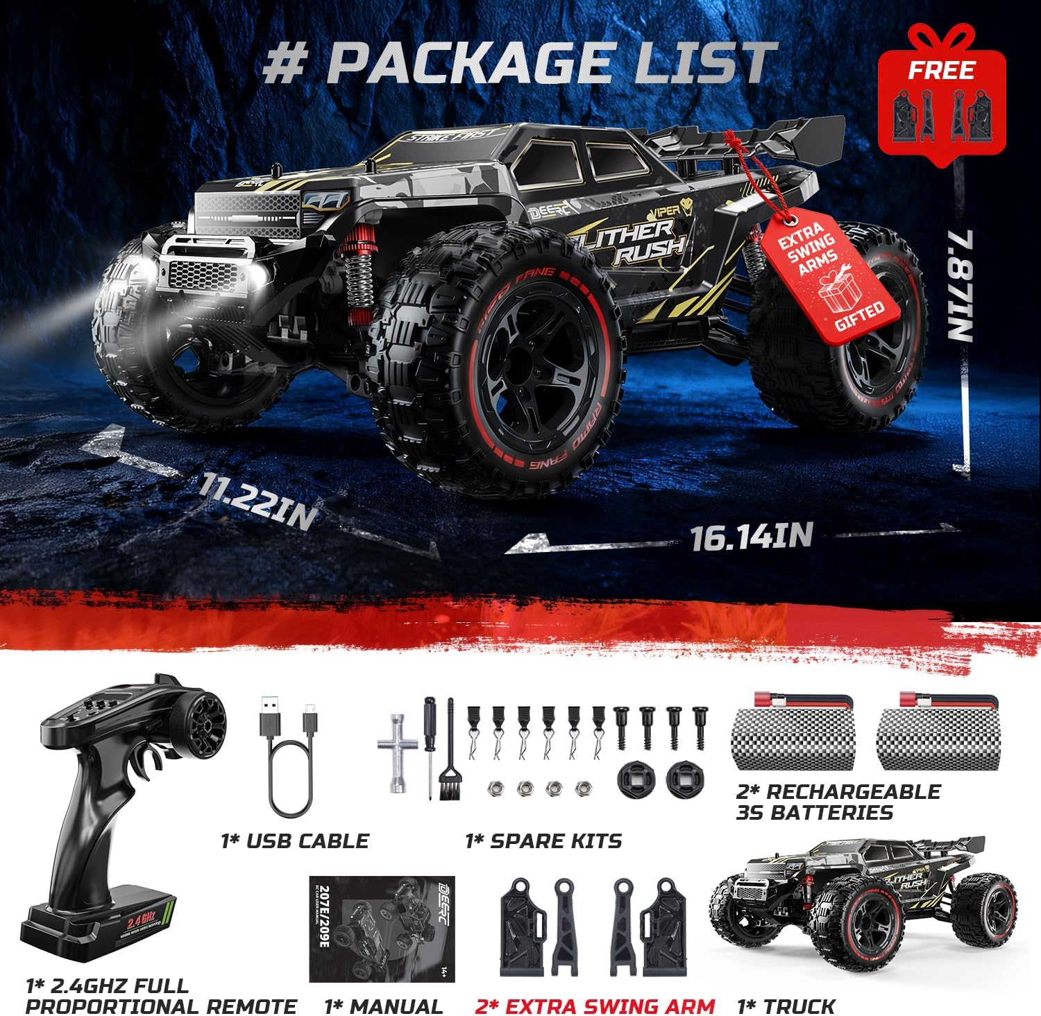 1:10 Fast Brushless RC Car for Adults, 60+ KMH, 2 x 3S Batteries | High Speed 4WD Off-Road Remote Control Truck with
