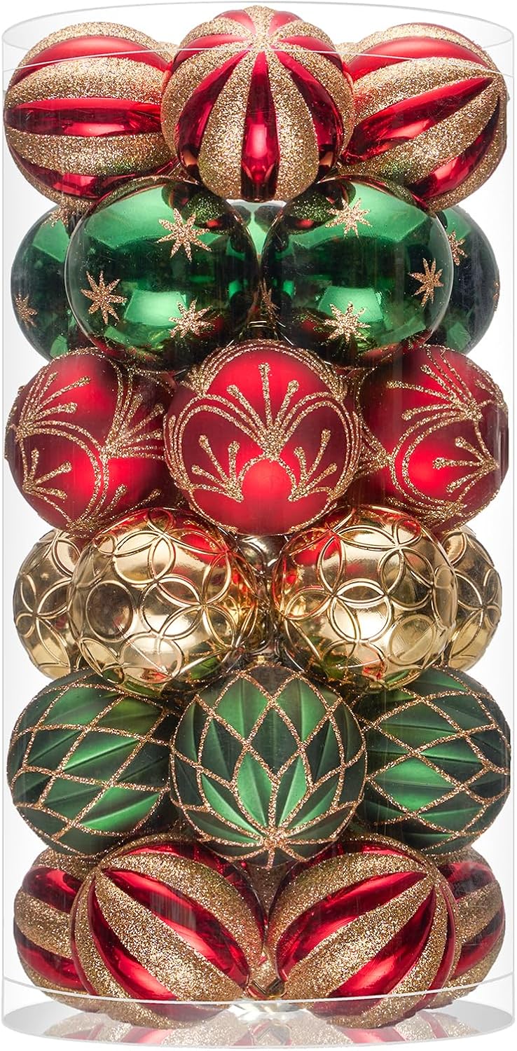 Christmas Balls Ornaments, 30ct Shatterproof Xmas Tree Decorations, Hanging Bulbs Baubles Set with String for Holiday