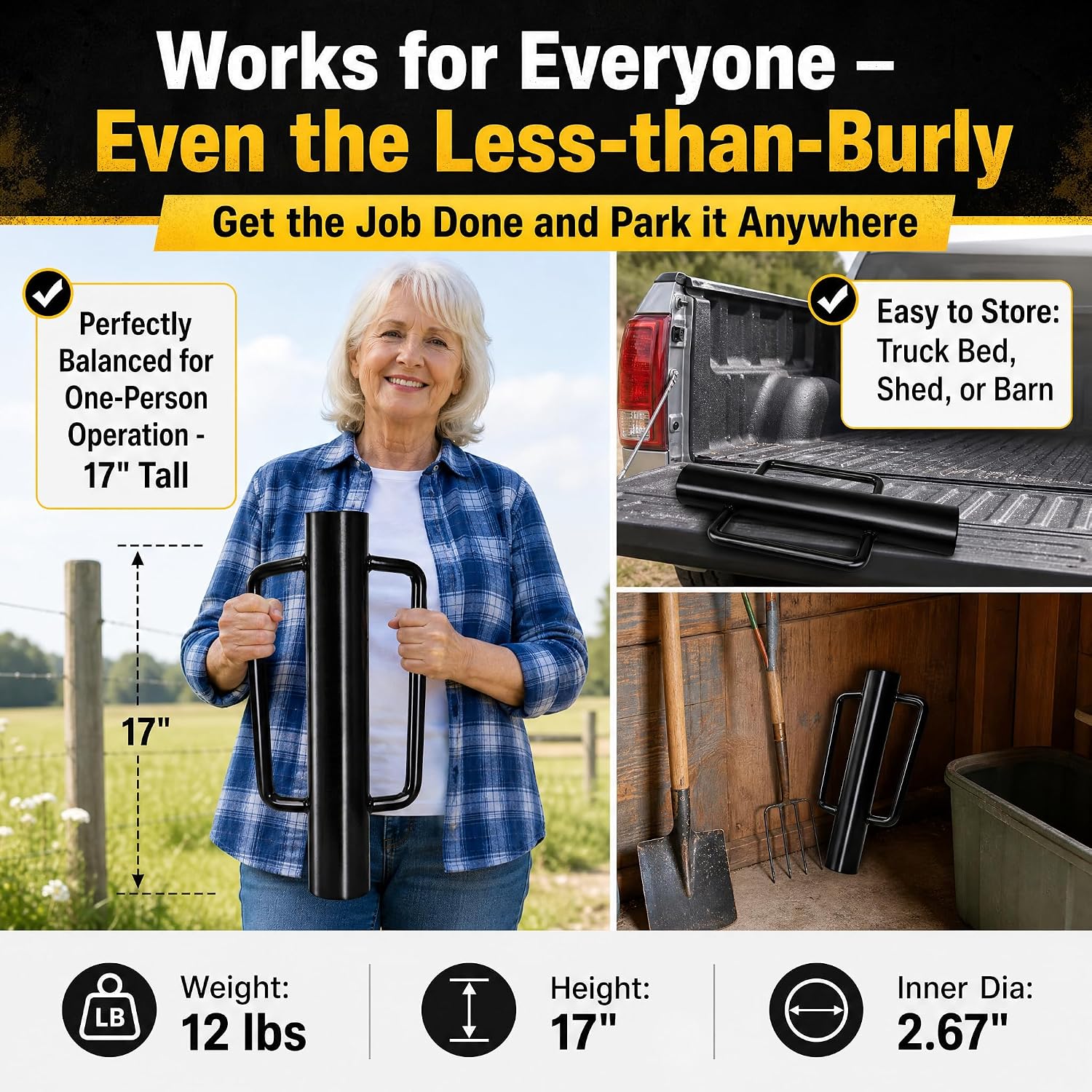 Fence Post Driver, 12LB Heavy Duty T Post Pounder with Ergonomic Handle, 2.7" Inner Dia Steel Posts Hole Diggers Hand