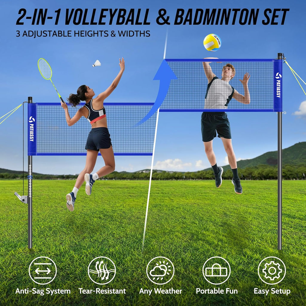 Portable Volleyball Net Set for Backyard, Adjustable Width (32/26/20FT) & Height, Anti-Sag Tension Design for Outdoor