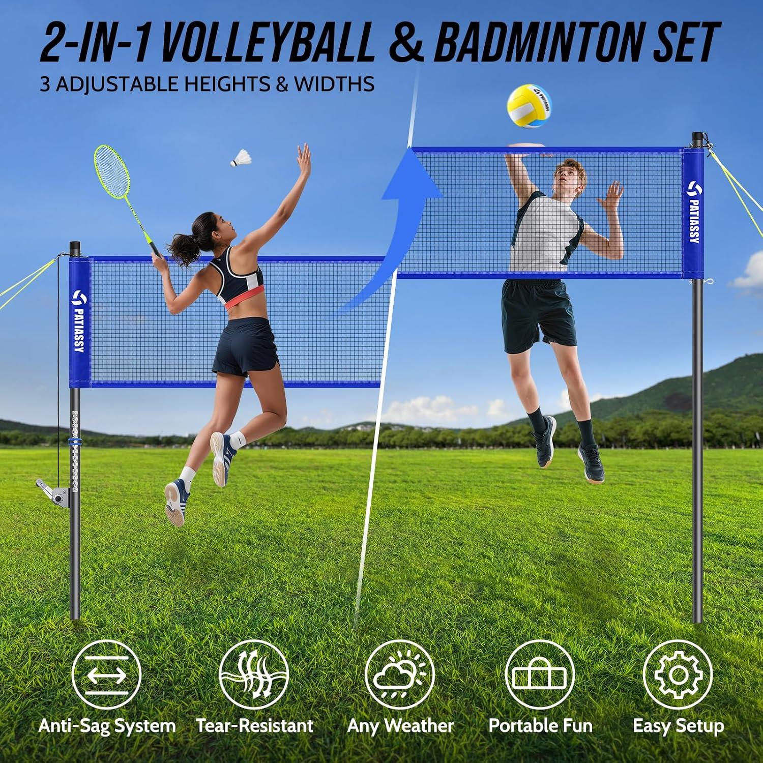 Portable Volleyball Net Set for Backyard, Adjustable Width (32/26/20FT) & Height, Anti-Sag Tension Design for Outdoor