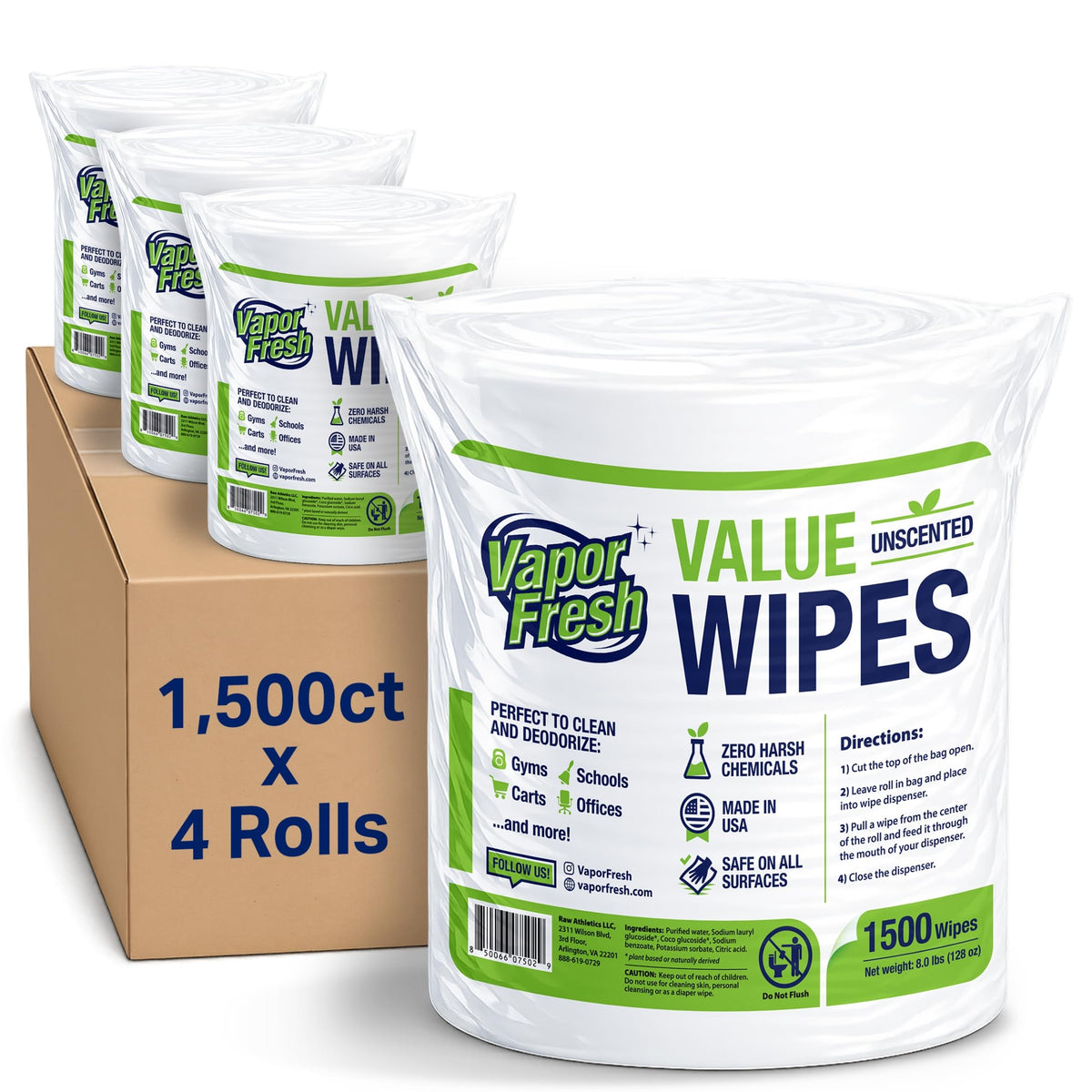 Value Wipes For Gym Equipment, 1500 Count, 4 Rolls