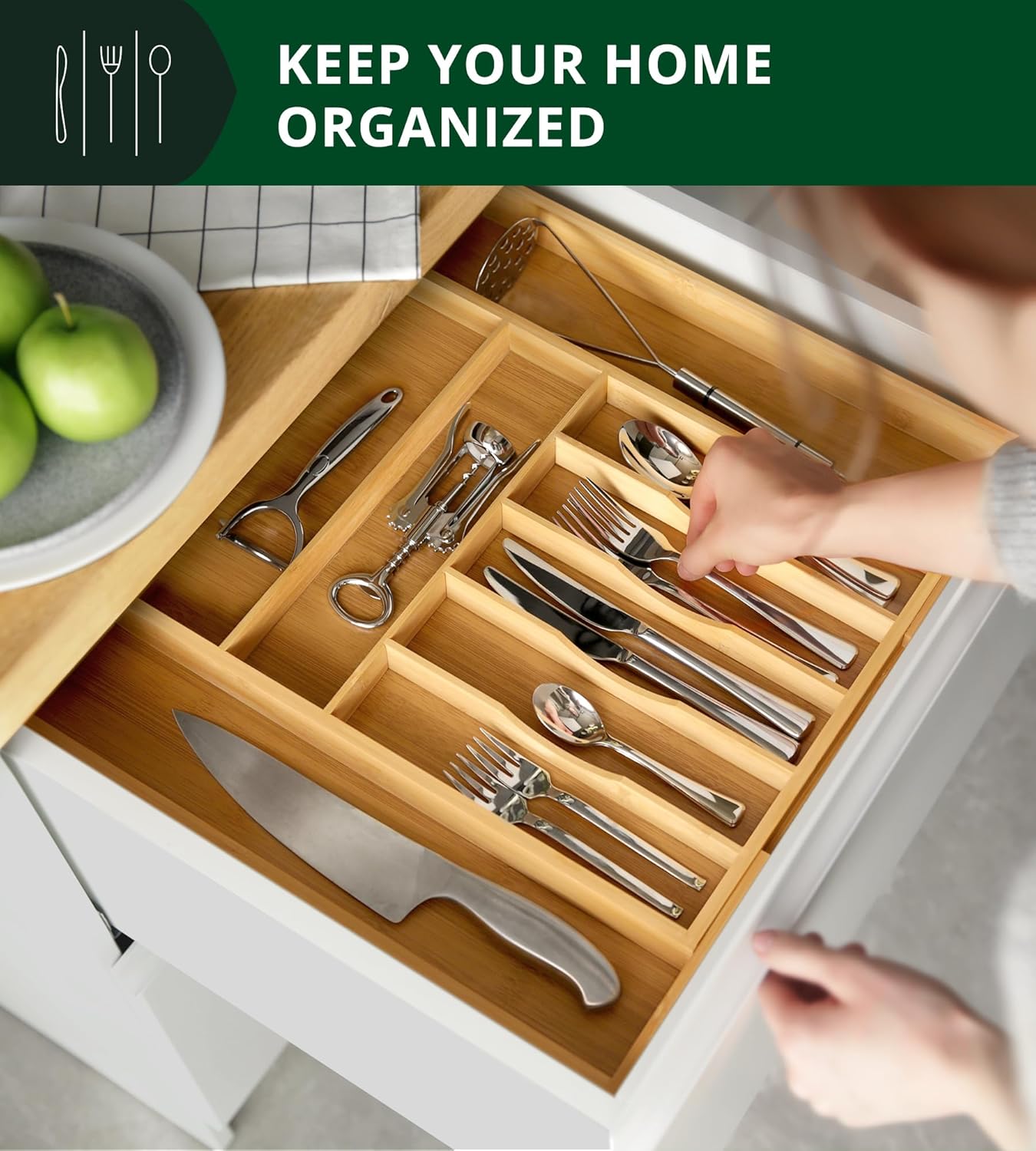 Luxury Bamboo Kitchen Drawer Organizer - Silverware Organizer, Utensil Holder & Cutlery Tray Drawer Dividers for
