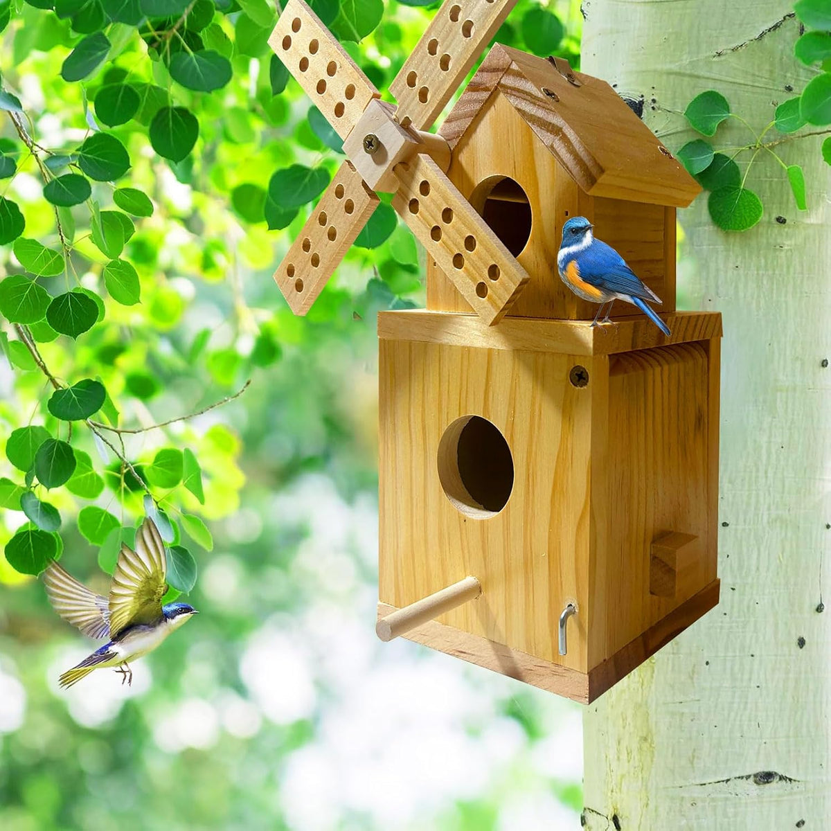 Wood Bird House, Hanging Windmill Bird Houses for Outside, Cedar Birdhouse Outdoors for Robin Budgie Swallow Little