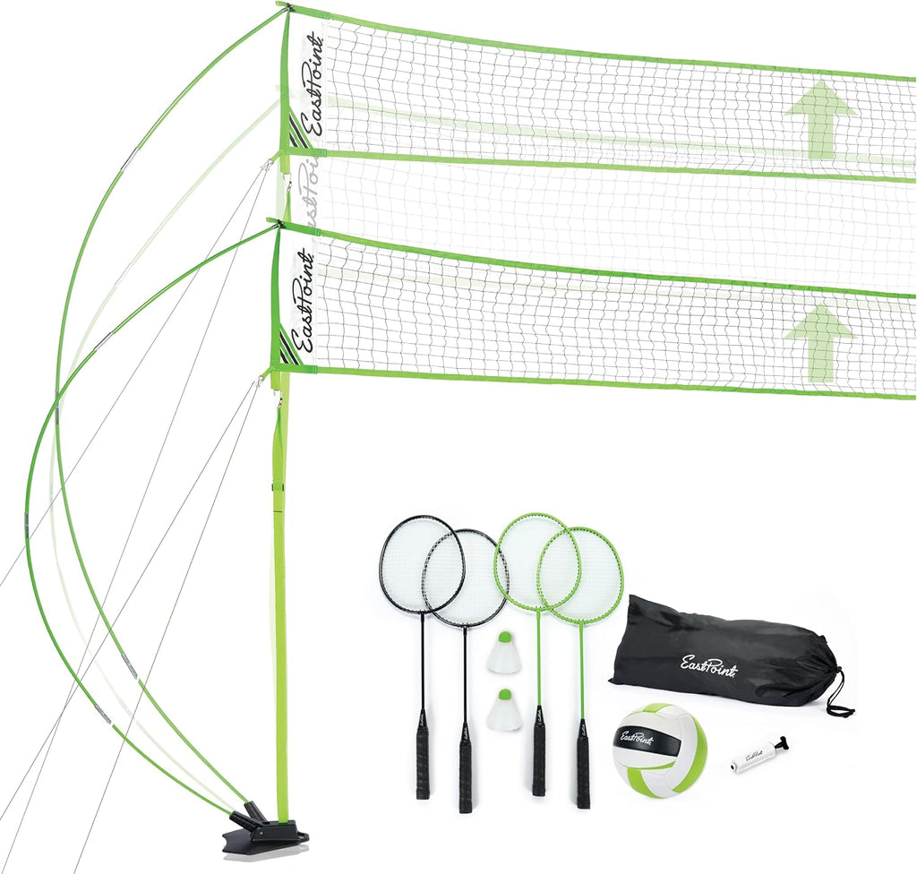 EastPoint Outdoor Games, Volleyball Net, Badminton Set, 4 Rackets & Ball | 2-In-1 Backyard Play, Height-Adjustable