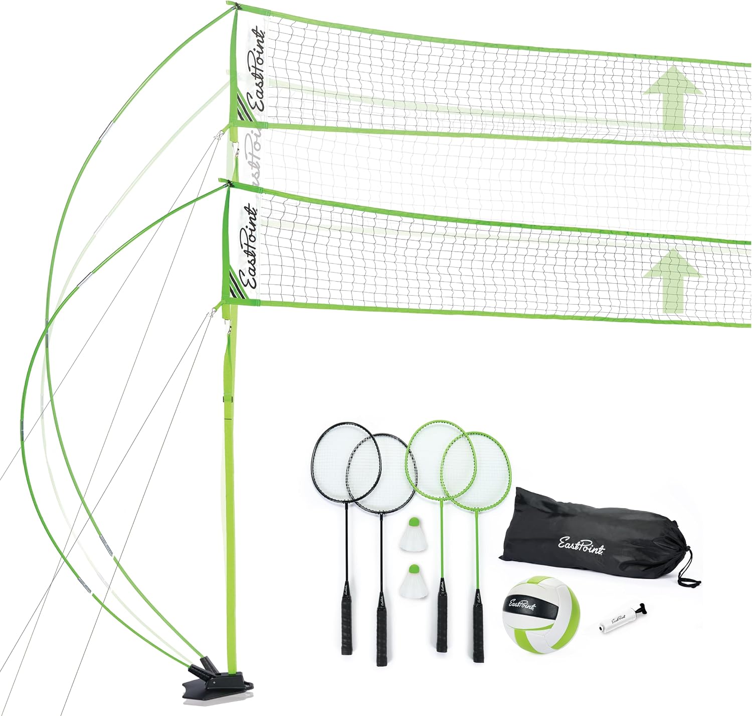 EastPoint Outdoor Games, Volleyball Net, Badminton Set, 4 Rackets & Ball | 2-In-1 Backyard Play, Height-Adjustable