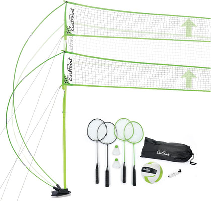 EastPoint Outdoor Games, Volleyball Net, Badminton Set, 4 Rackets & Ball | 2-In-1 Backyard Play, Height-Adjustable
