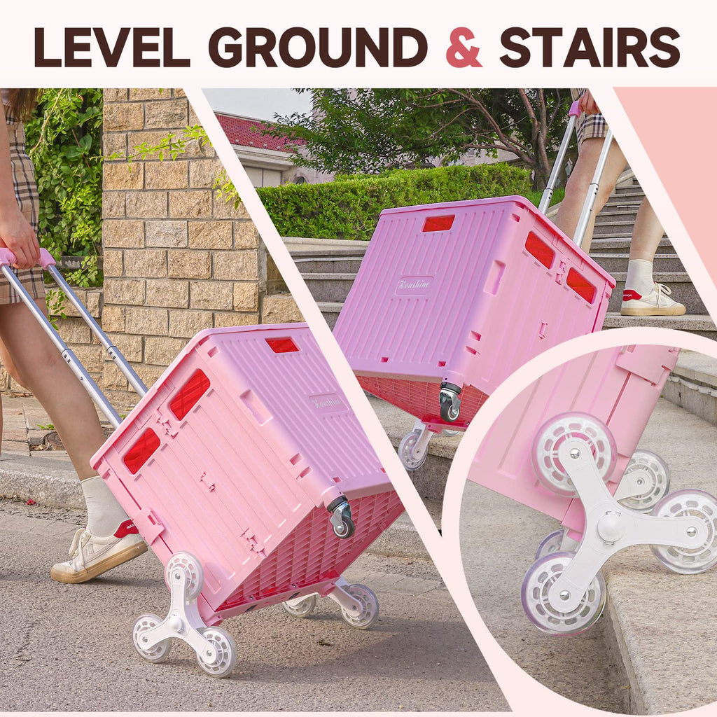 Nedcart Rolling Crate with Stair Climbing Wheels, Foldable Utility Cart with Detachable Lid & Telescoping Handle