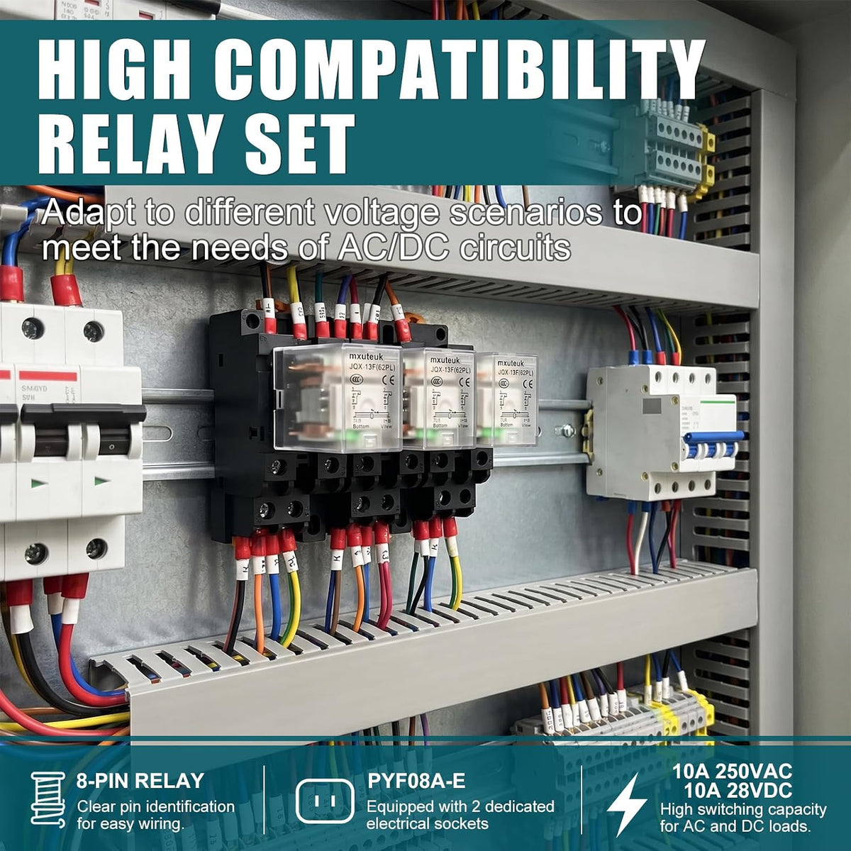 mxuteuk 2pcs JQX-13FL DC 12V Coil 8 Pin 10A DPDT LED Indicator Electromagnetic Power Relay, with Base, with DIN Rail Slotted Aluminum