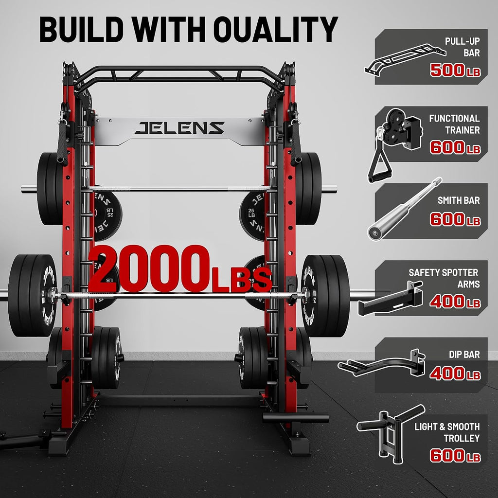 Smith Machine for Home Gym, Multi-Function M12 Power Cage with Cable Crossover System, Squat Rack with Smith Bar and