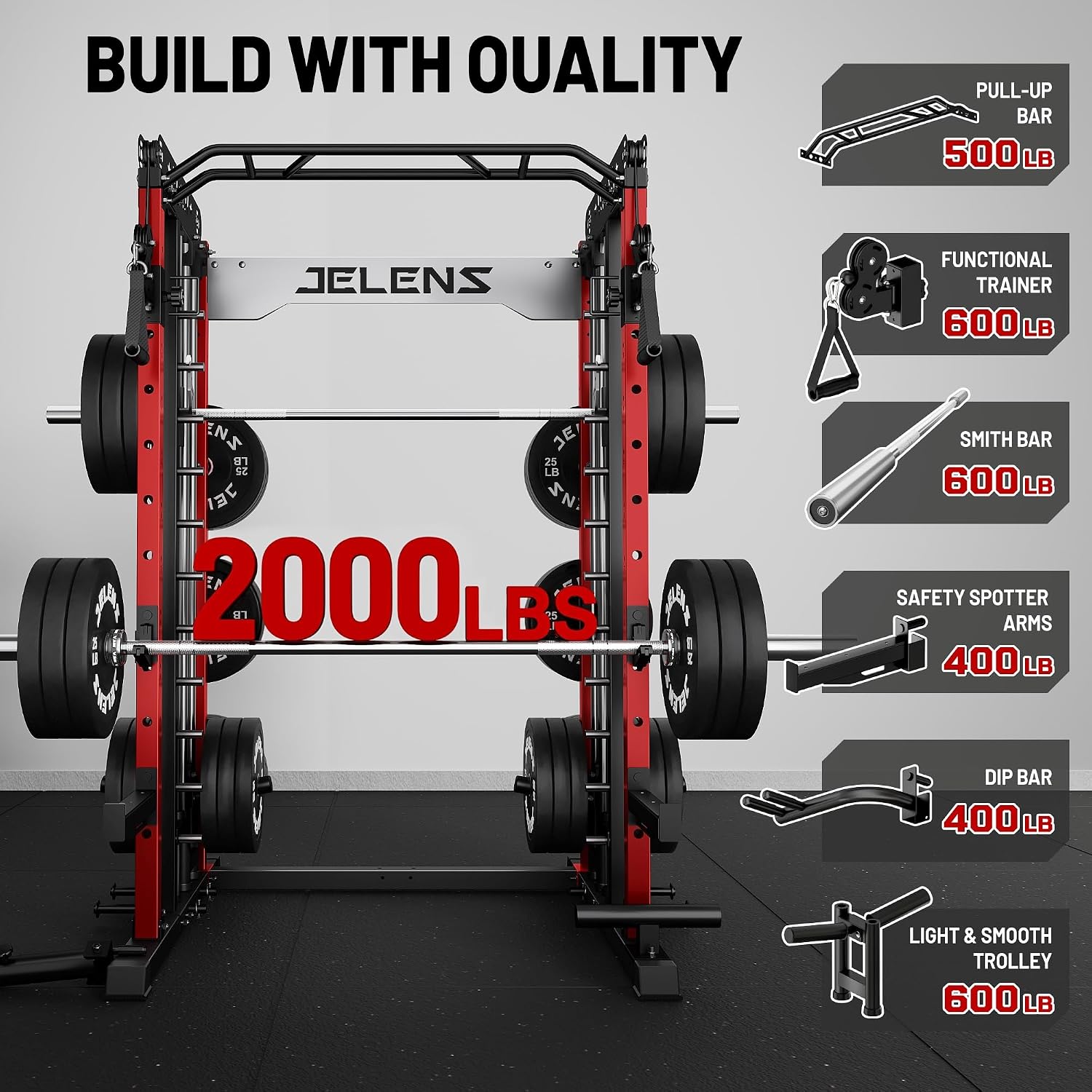 Smith Machine for Home Gym, Multi-Function M12 Power Cage with Cable Crossover System, Squat Rack with Smith Bar and
