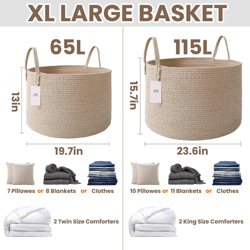 65L Extra Large Blanket Basket for Living Room - Woven Cotton Rope Laundry Hamper with Reinforced Handles - Storage