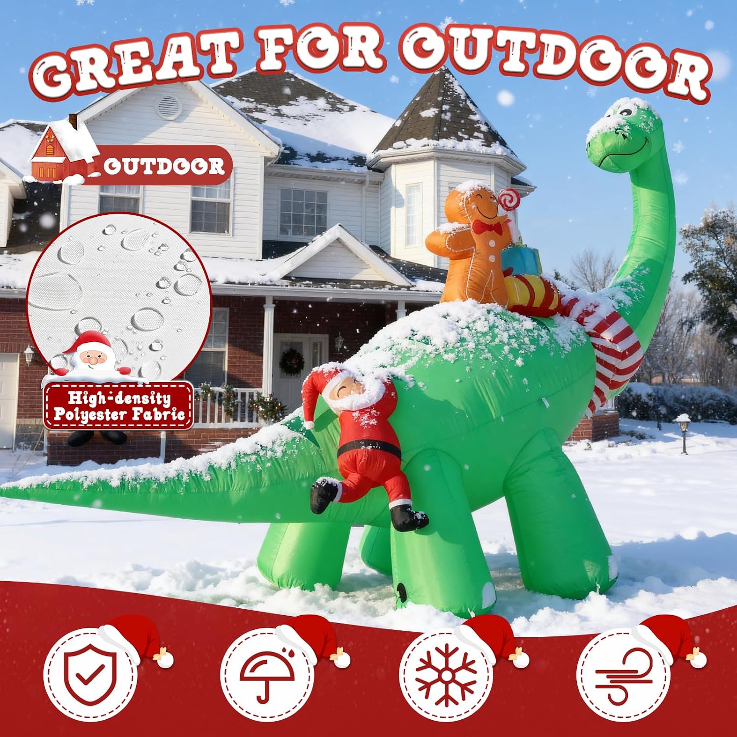 12FT Inflatable Dinosaur Santa Claus with Bright LED Lights for Yard | Giant blow up Christmas decorations, Outdoor
