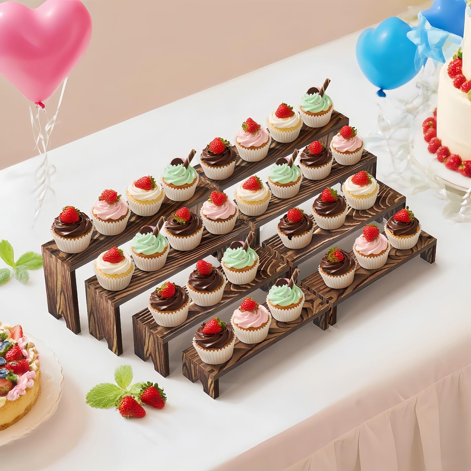 2 Set wood tone Wooden Tiered Display Stands 4 Tier Stackable Pine Wood Display Risers, Suitable for Vendor Events