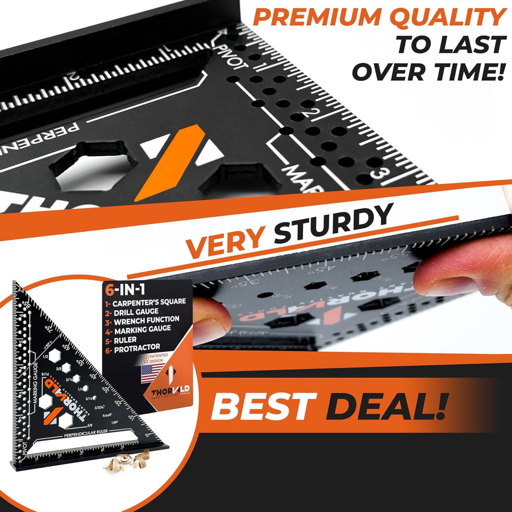 6-in-1 Carpenter Square 7 inch (1/16" Precision) - T Square Multi-Purpose Carpenter Tools : Wrench, Square