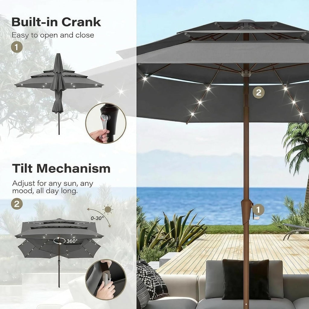 10ft Patio Umbrella with Solar Lights, 3 Tier Lighted Table Umbrella Outdoor Patio with Easy Crank & Tilt, 8 Sturdy
