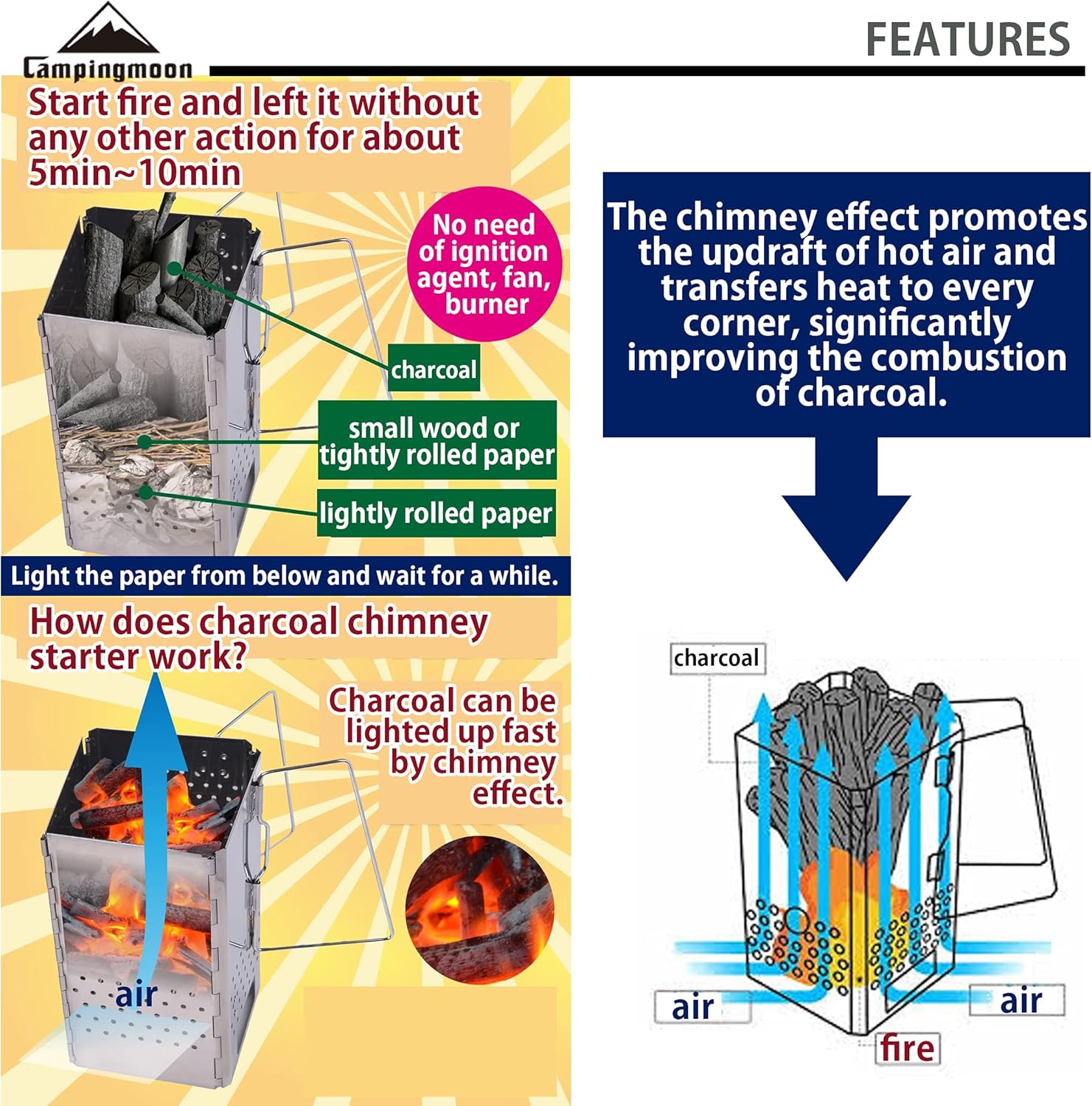 Portable Charcoal Chimney Starter Stainless Steel MT-18
