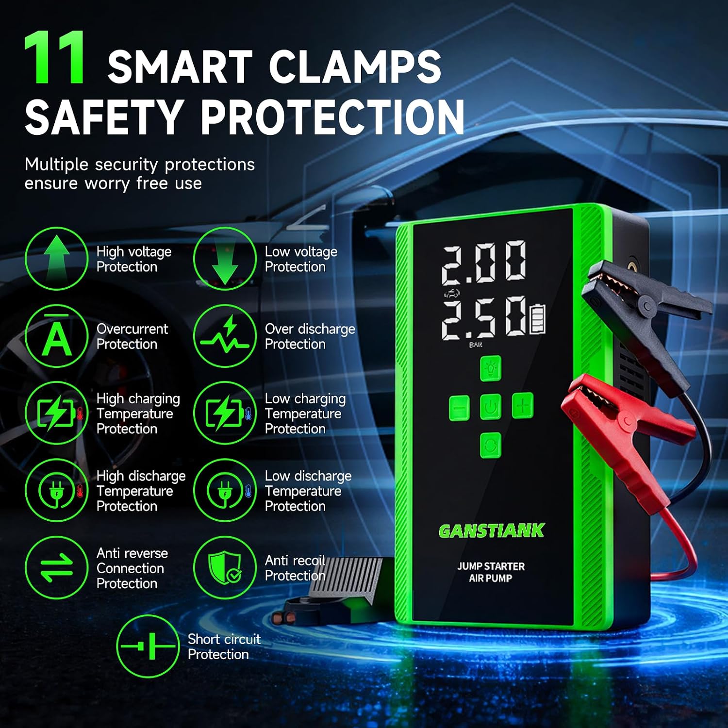 5000A Jump Starter with Air Compressor, 12V Portable Jump Box Car Battery Jumper Starter Pack for up to 9.0L Gas and