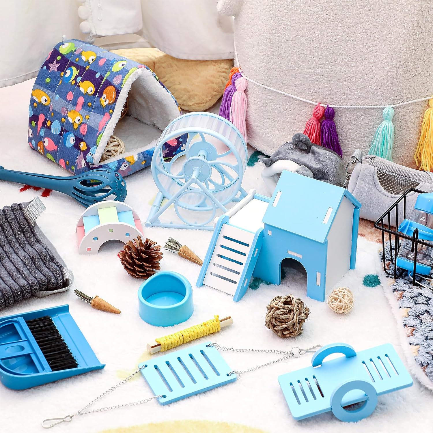 24 Pcs Small Guinea Pig Starter Kit Essentials for Hamster Cage Accessories Toys House Bed Cage Cleaner Food Bowl