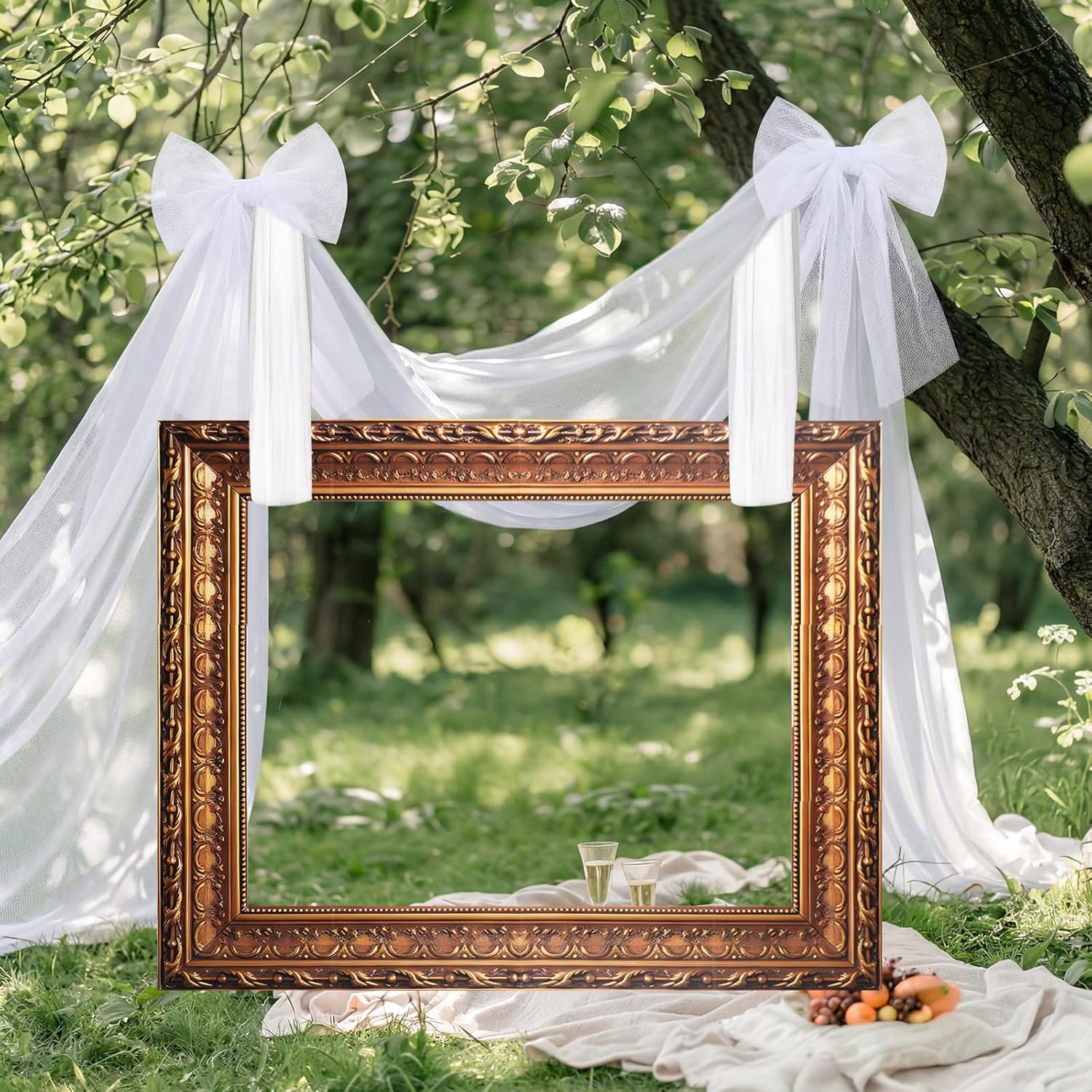 Wedding Large Photo Booth Props 35 x 47 Inch Gold Vintage Frame Photo Booth Selfie Frame with 13 ft Ribbon for