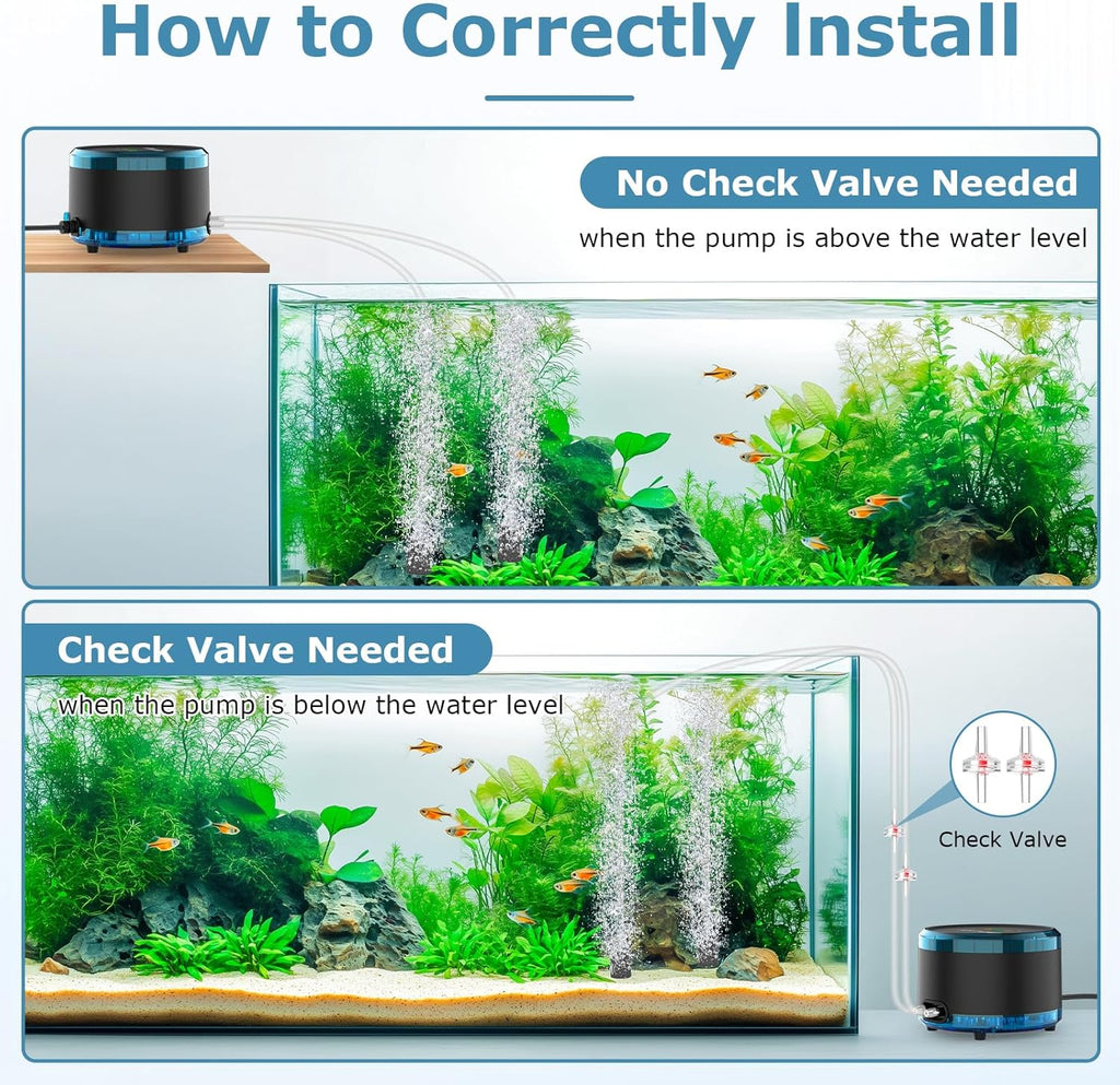 Aquarium Air Pump Dual Outlet, Quiet Powerful Fish Tank Aerator 4W/8W, Adjustable Oxygen Pump with Air Stone, Bubbler