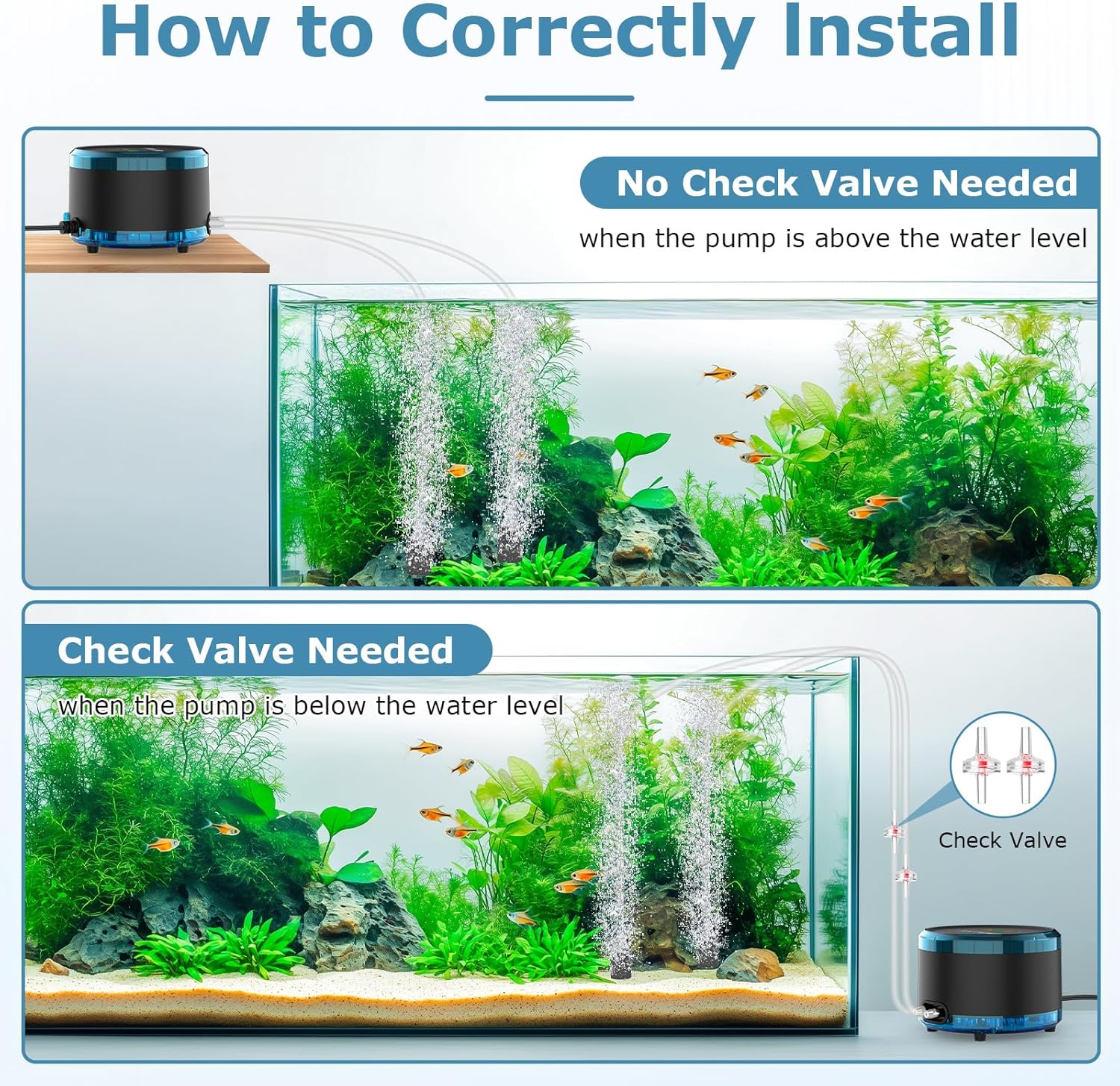Aquarium Air Pump Dual Outlet, Quiet Powerful Fish Tank Aerator 4W/8W, Adjustable Oxygen Pump with Air Stone, Bubbler