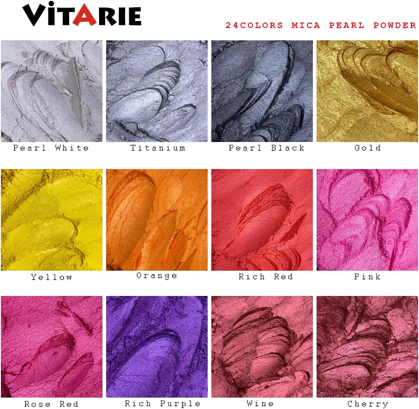 Mica Powder for Lip Gloss, Skin, Nails, Soap Making, Bath Bombs, Epoxy Resin, Art Crafts, 24 Colors(0.11oz) Each