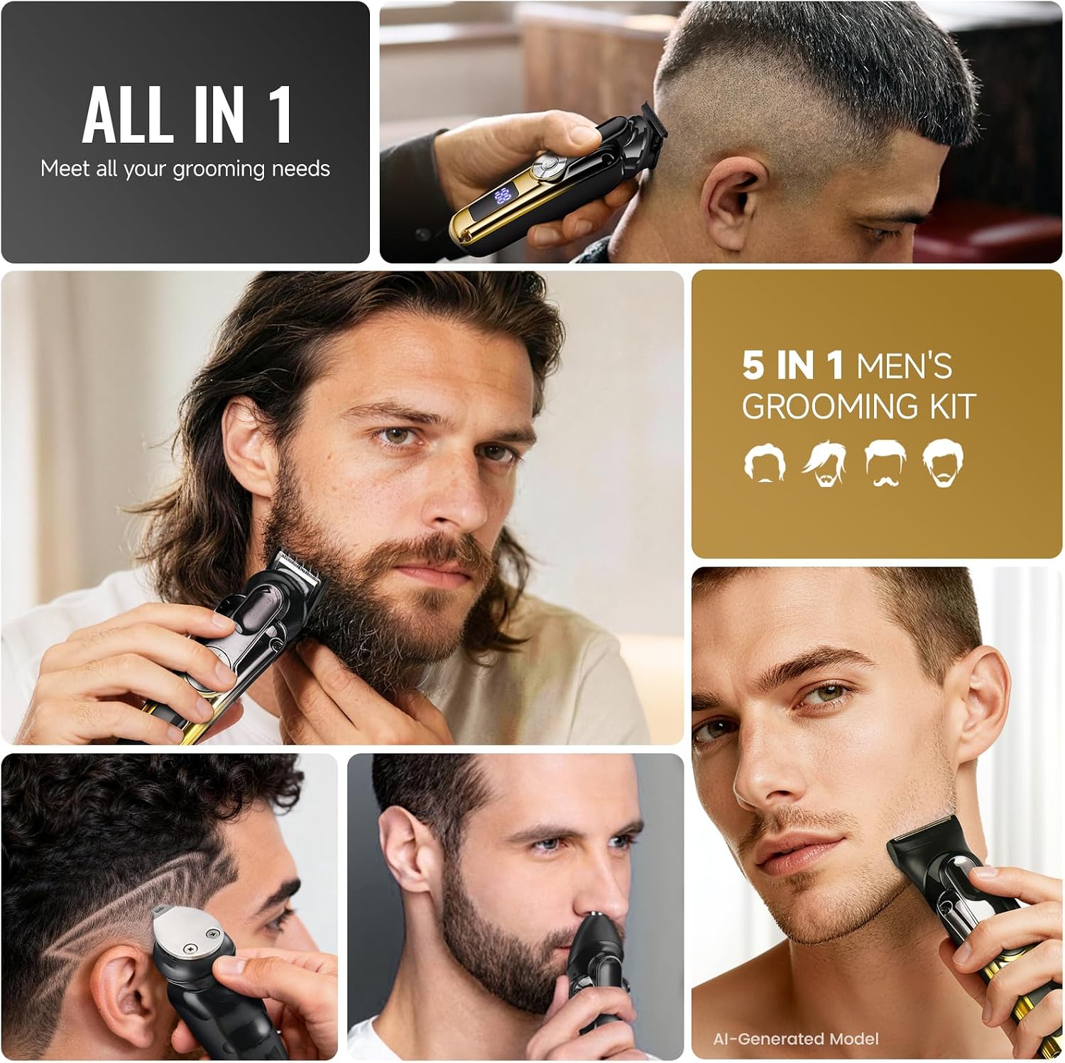 5-in-1 Grooming Kit for Men, Cordless Beard & Hair Trimmer | USB-C Rechargeable, IPX6 Waterproof, 90-Min Runtime with