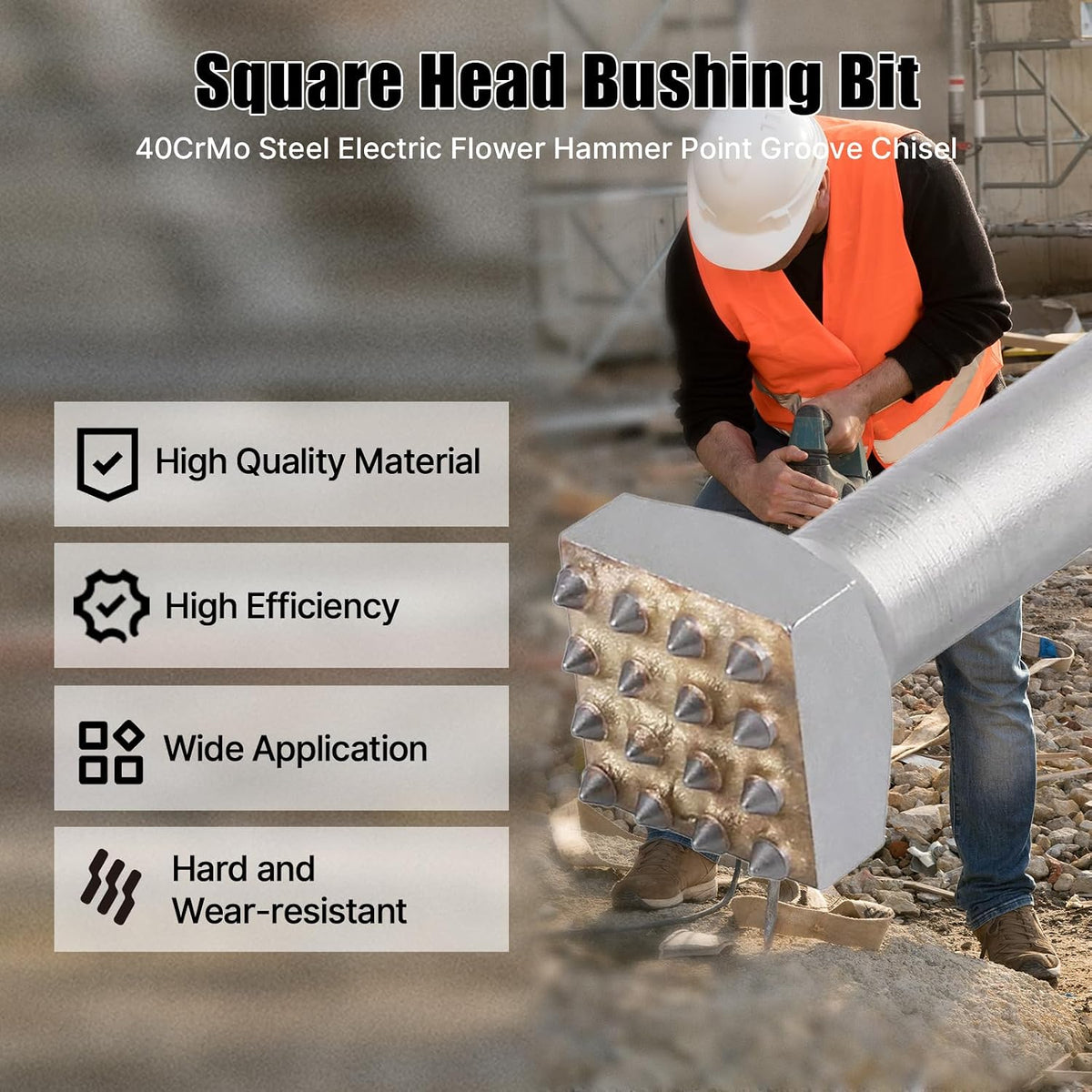 6'' SDS Plus Bushing Tool, 16 Tips Square Head Bush Hammer Bit