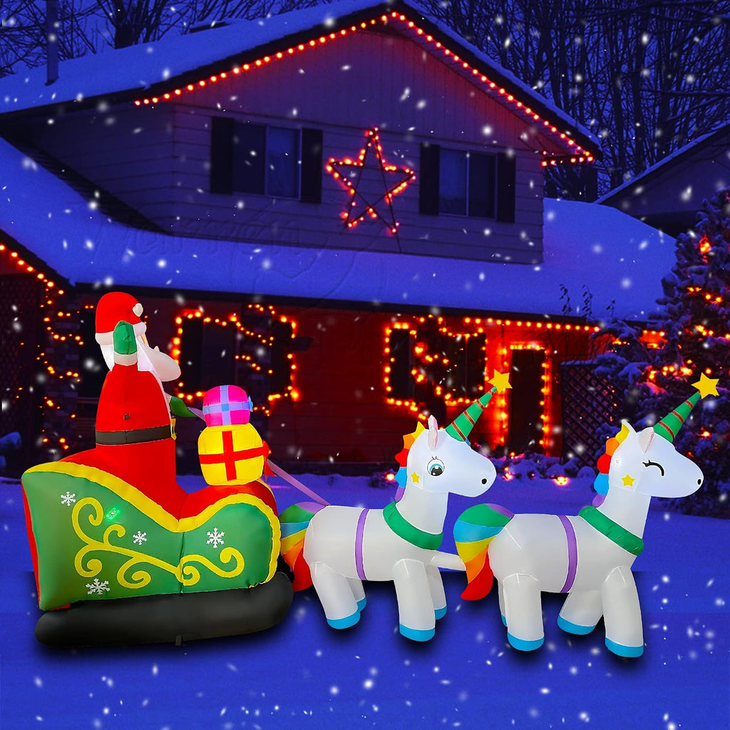 9 Ft Christmas Inflatable Santa Claus on Sleigh with 2 Unicorn Decoration LED Lighted Xmas Blow up for Yard Lawn
