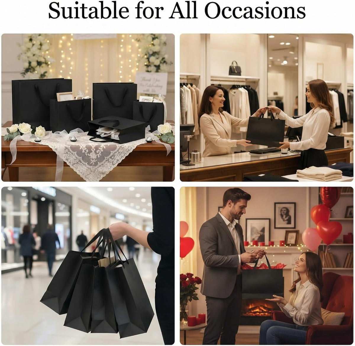 60 Pcs Black Paper Bags with Handles, Assorted Sizes Gift Bags