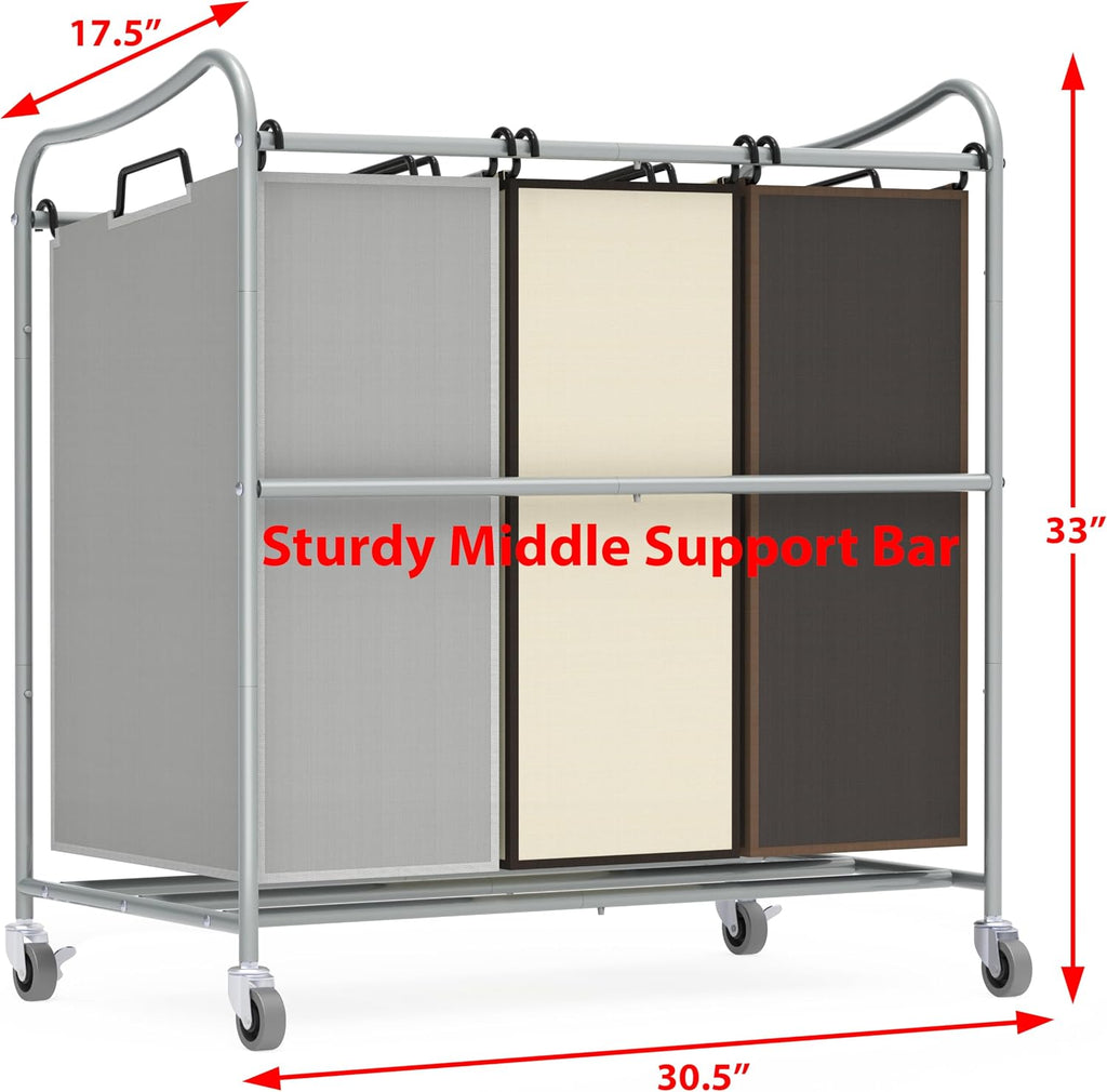 Heavy Duty 3-Bag Laundry Sorter Rolling Cart, Assorted | Removable Bags and Lockable Wheels for Laundry Room