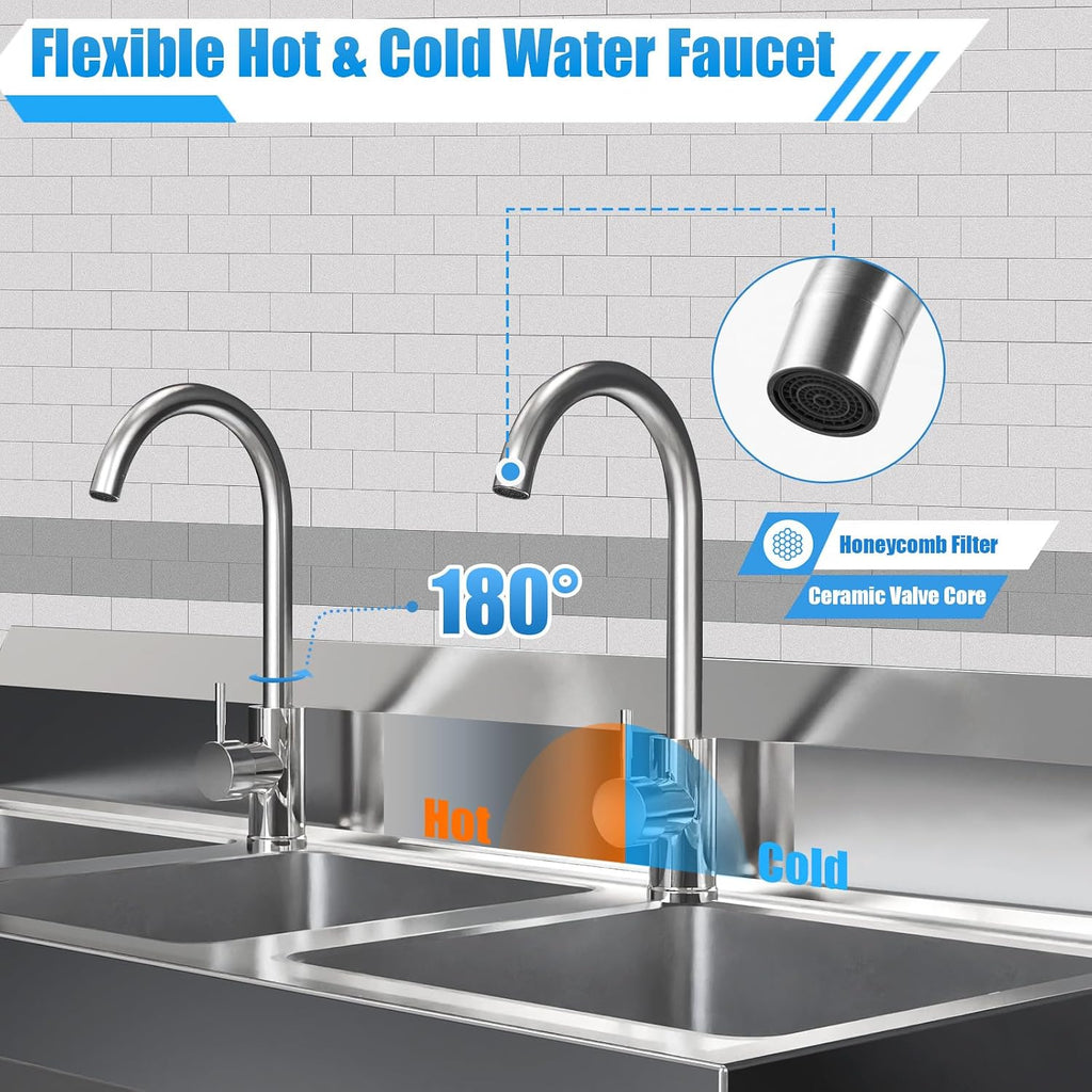 3 Compartment Sink, 304 Stainless Steel Utility Sink Freestanding Kitchen Sinks Commercial Sinks with 2 Faucet & Cold