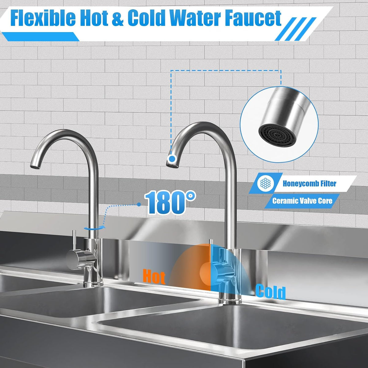 3 Compartment Sink, 304 Stainless Steel Utility Sink Freestanding Kitchen Sinks Commercial Sinks with 2 Faucet & Cold