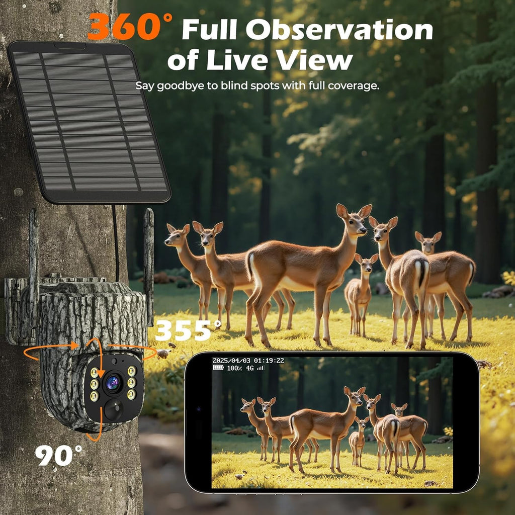 4G LTE Cellular Trail Camera, 360° Live Streaming, 2.5K SIM Card Included | Solar Game Camera Auto Tracking Security