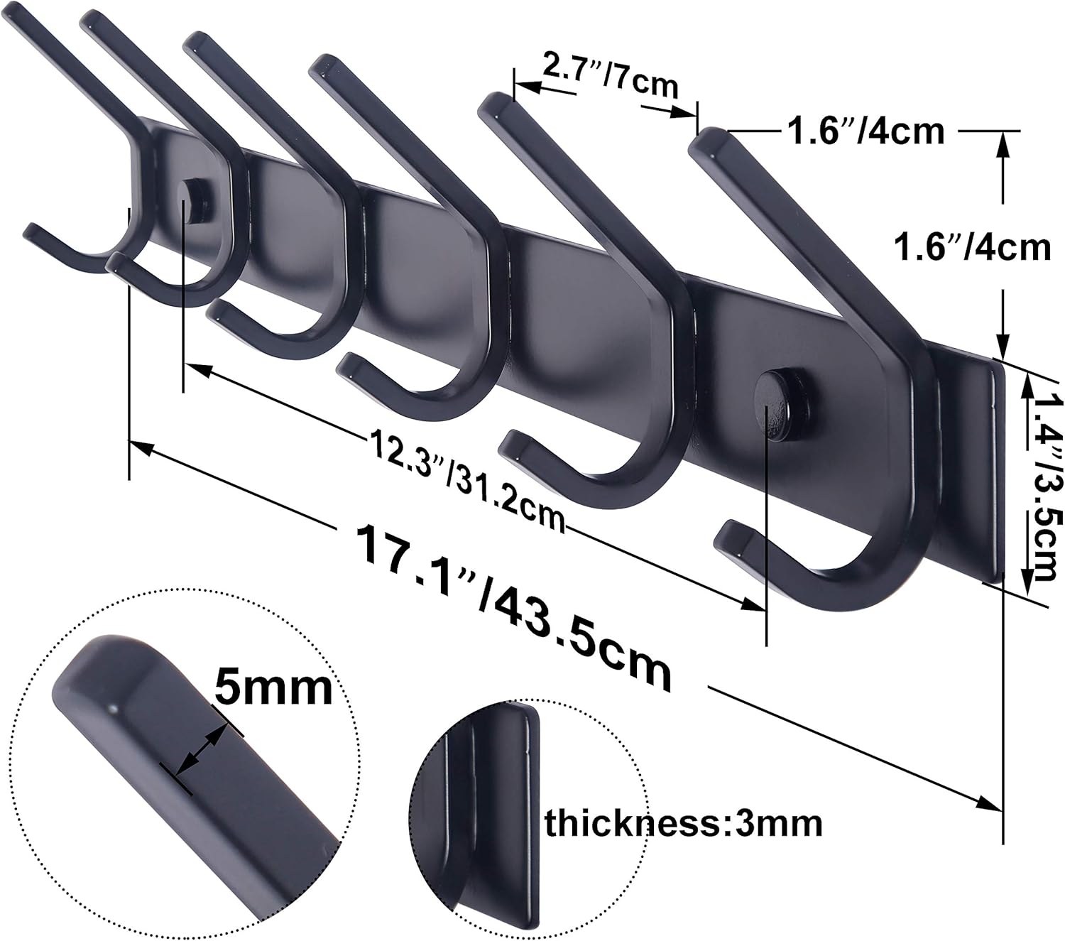 Coat Rack Wall Mounted,17-1/8 Inch Hooks for Hanging Coats,Heavy Duty Metal Hook Rail with 6 Double Dual Hooks Hanger