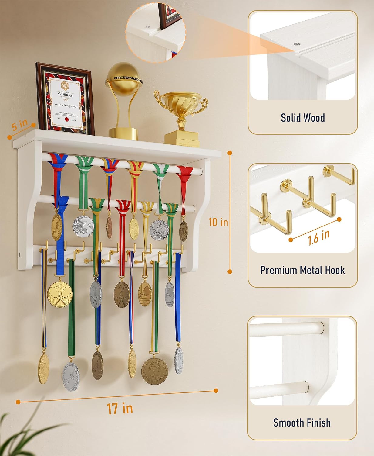 Medal Hanger Display, 3-Tier Solid Wood Trophy Shelf Rack | Medal Holder,2 Medal Bars,17 Metal Hooks,Heavy Duty