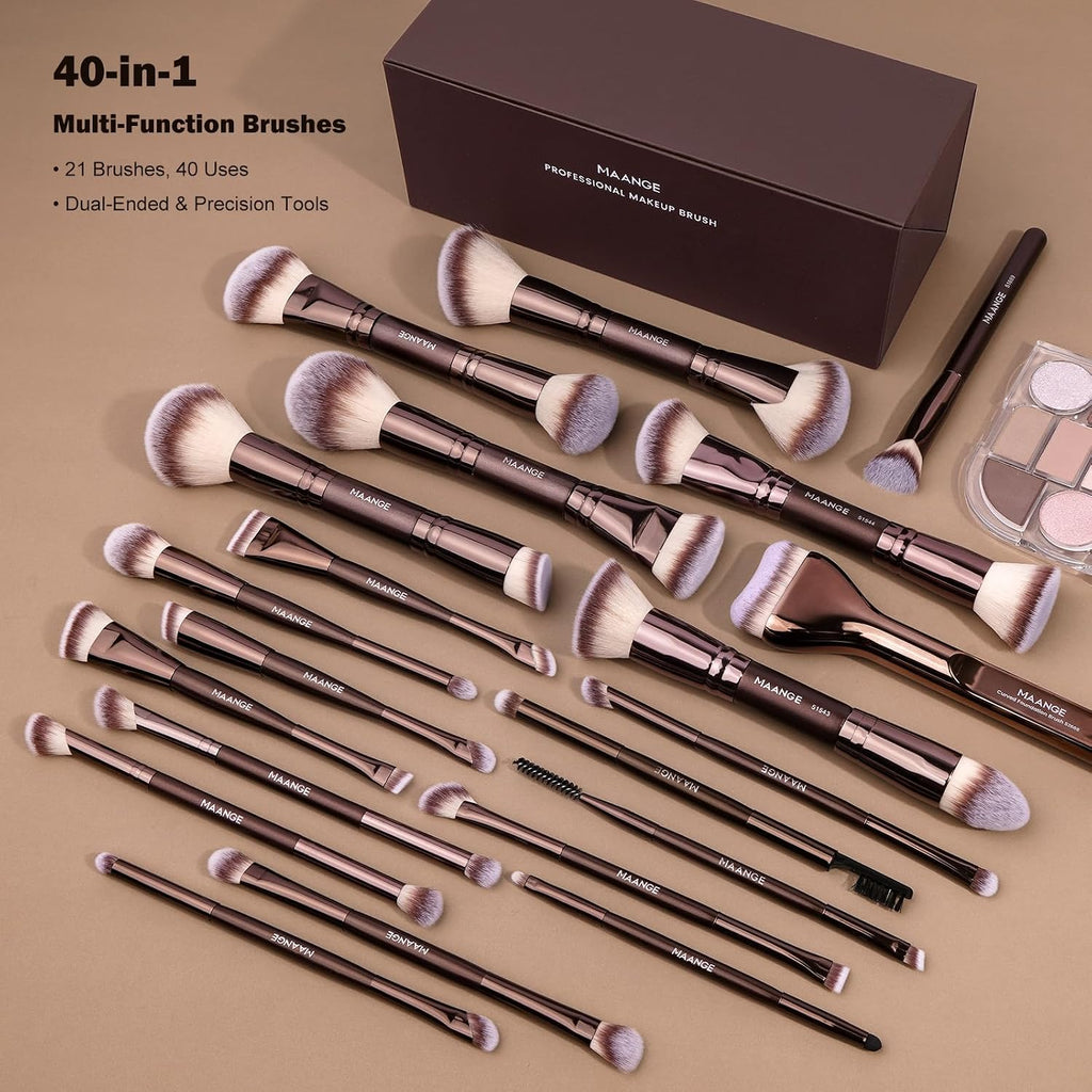 21 Pcs Makeup Brush Set Double-Ended with Travel Case, Coffee Brown