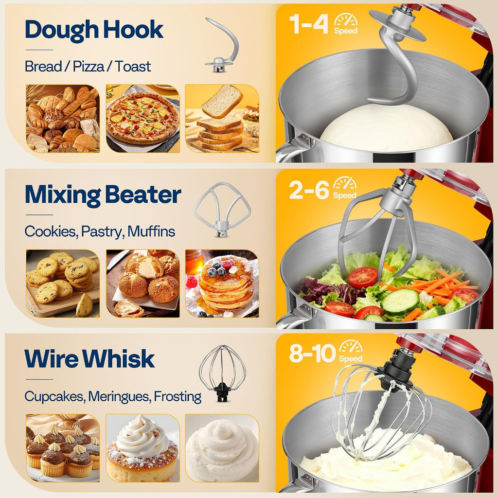 Stand Mixer, 6-Quart Tilt-Head Kitchen Mixer with Bowl, Red | 10 Speeds, Splash Guard, Dough Hook, Beater, Whisk, Egg