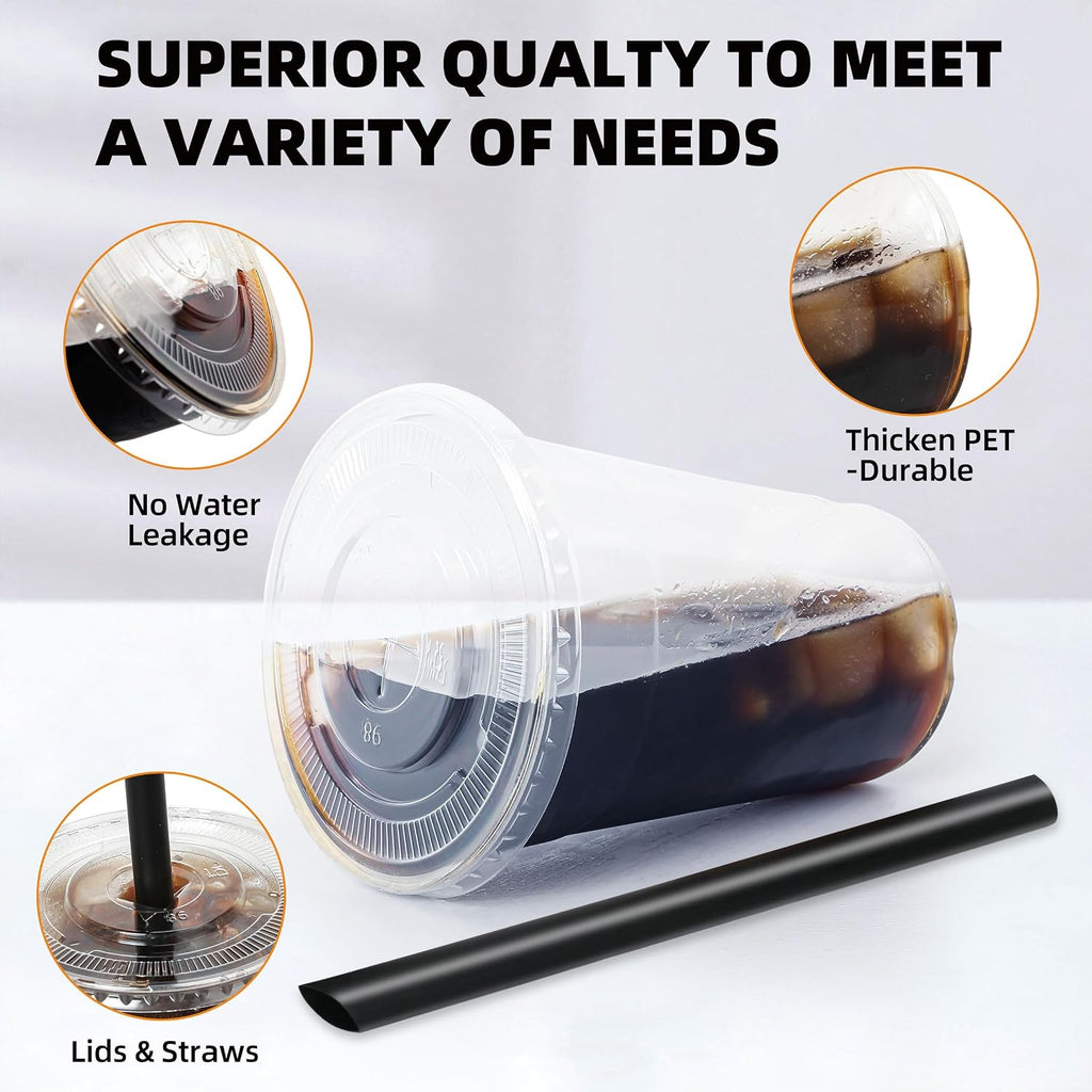 16oz Disposable Clear Plastic Cups with Lids & Straws