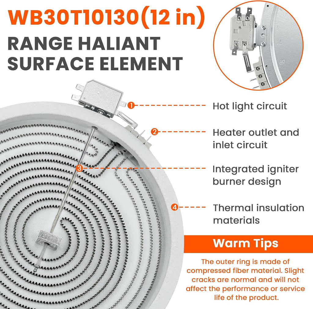 WB30T10130 Dual Haliant Surface Element 12 Inch Compatible with GE Range, Radiant Surface Element Replace AP4344395, PS2321564, 1474216 by Fetechmate - 1 Year
