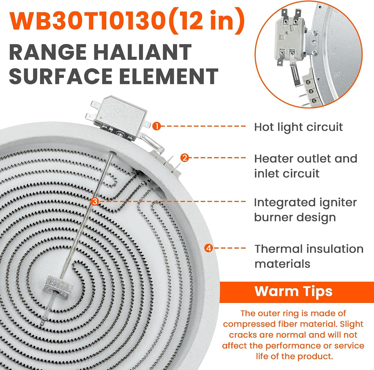 WB30T10130 Dual Haliant Surface Element 12 Inch Compatible with GE Range, Radiant Surface Element Replace AP4344395, PS2321564, 1474216 by Fetechmate - 1 Year