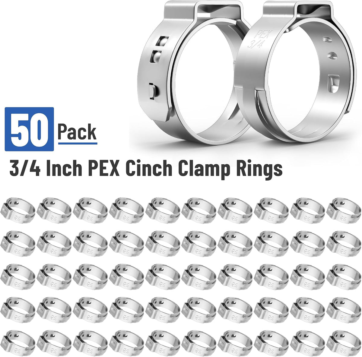 Bates- PEX Cinch Clamp Rings, 3/4", "50 Pack, Stainless Steel, Pex Clamps