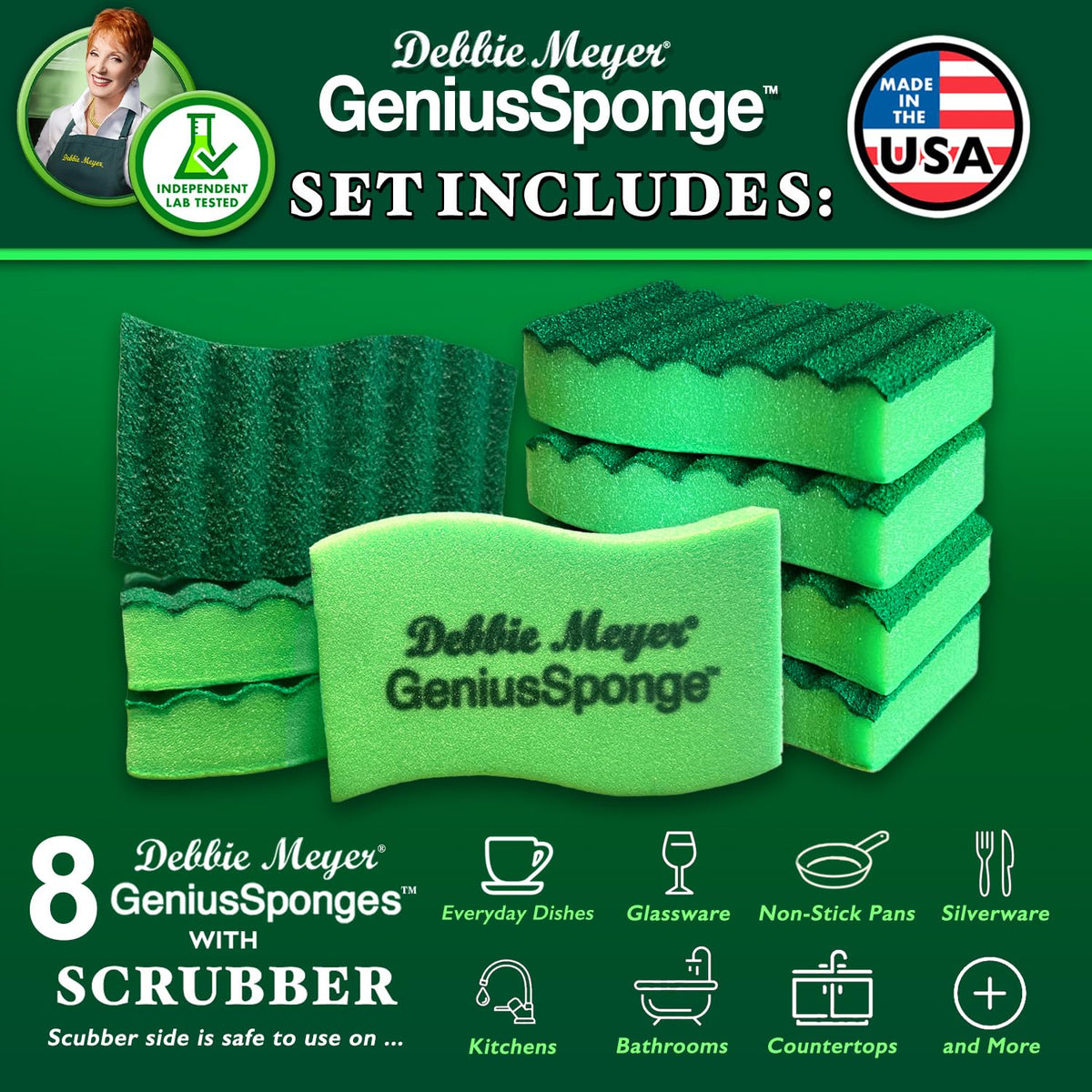 GeniusSponges - 8-Pack Kitchen Sponges for Washing Dishes